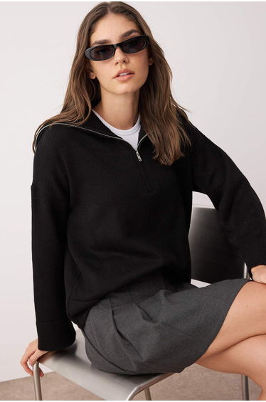 Black Wide Pattern Soft Texture Zippered Knitwear Sweater