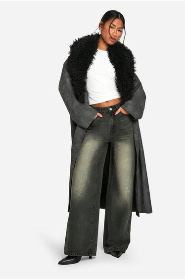Faux Fur Collar Vintage Look Faux Leather Trench Coat - black