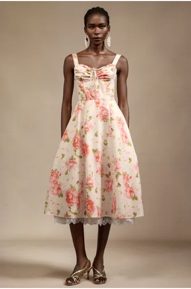 Venia Halter Floral Printed Bowknot Lace Midi Dress