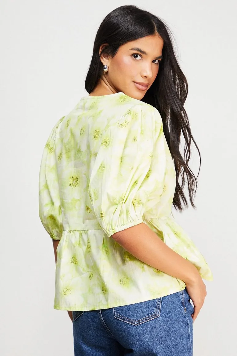 Print Poplin Tie Front Volume Sleeve Blouse - 2
