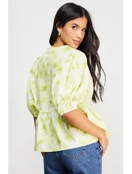 Print Poplin Tie Front Volume Sleeve Blouse - 2