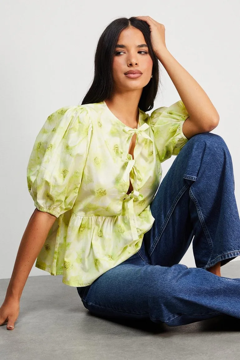 Print Poplin Tie Front Volume Sleeve Blouse - 3