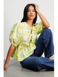Print Poplin Tie Front Volume Sleeve Blouse - 3