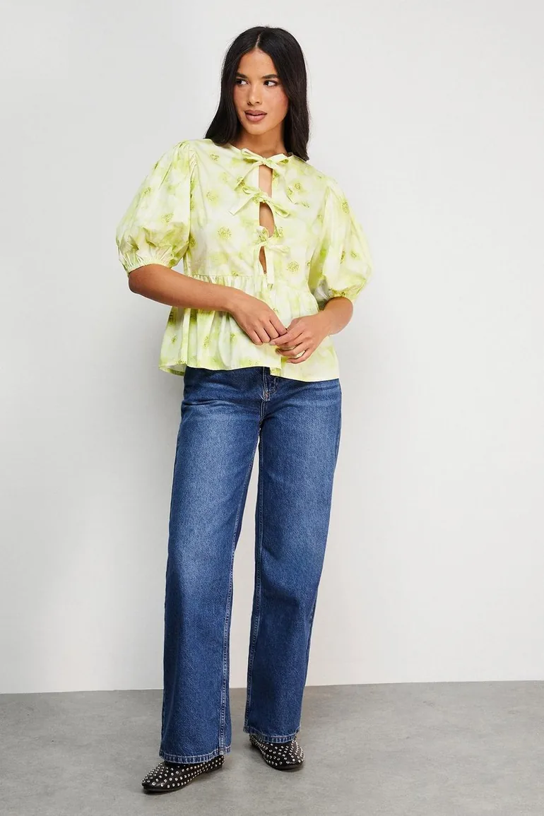 Print Poplin Tie Front Volume Sleeve Blouse - 1