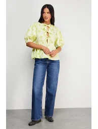 Print Poplin Tie Front Volume Sleeve Blouse - 1