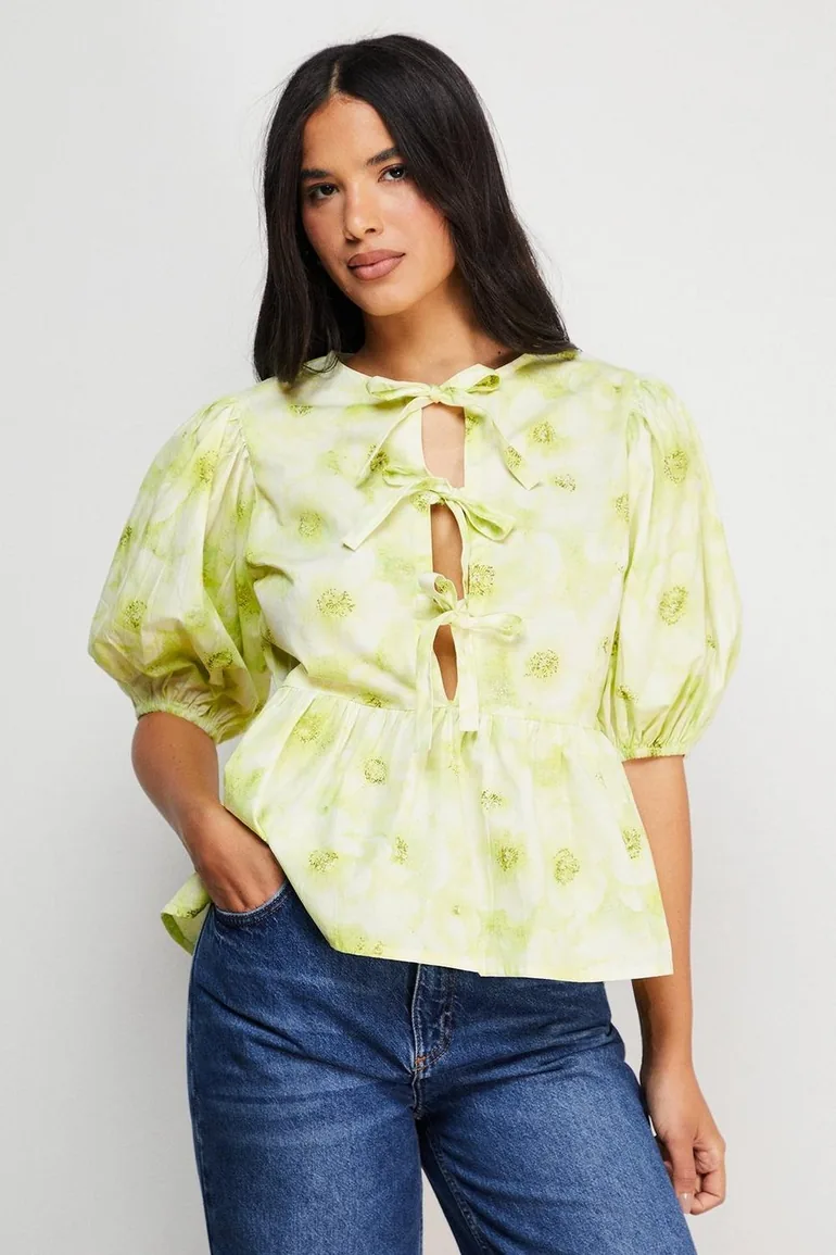 Print Poplin Tie Front Volume Sleeve Blouse