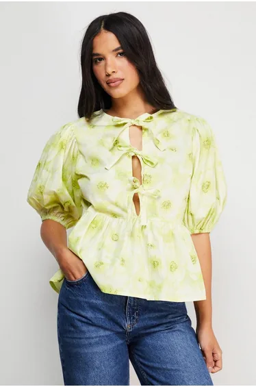 Print Poplin Tie Front Volume Sleeve Blouse