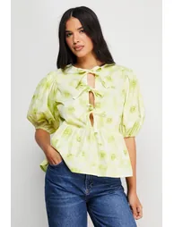 Print Poplin Tie Front Volume Sleeve Blouse