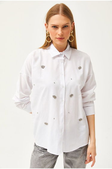 Women's White Stone Detailed Woven Shirt