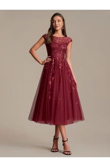 Cap Sleeve See-through Patchwork A-Line Tea Length Wedding Guest Dresses
