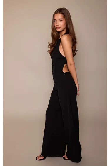 Black Halter Neck Buckle Detail Wide Leg Jumpsuit