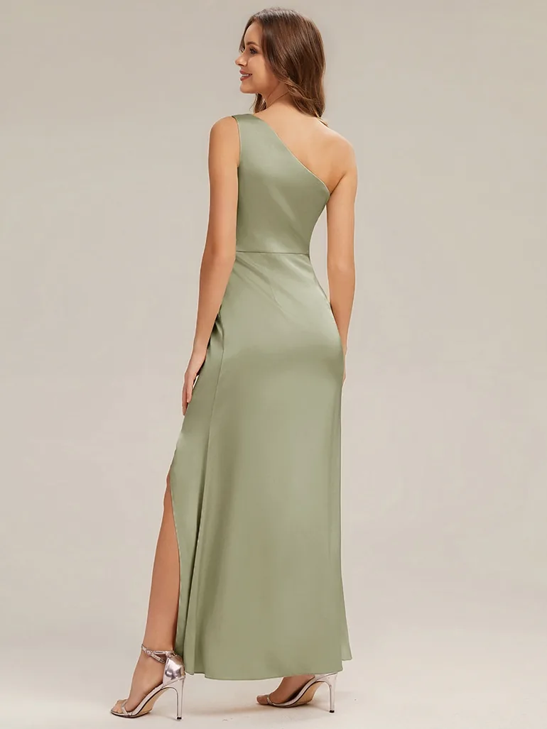 Thigh-High Slit One-Shoulder Satin Sleeveless Bridesmaid Dress - 1