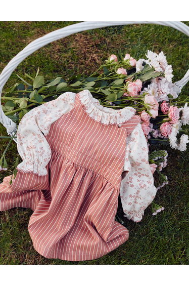 Twill pinafore dress with stripes for baby girls pink/white