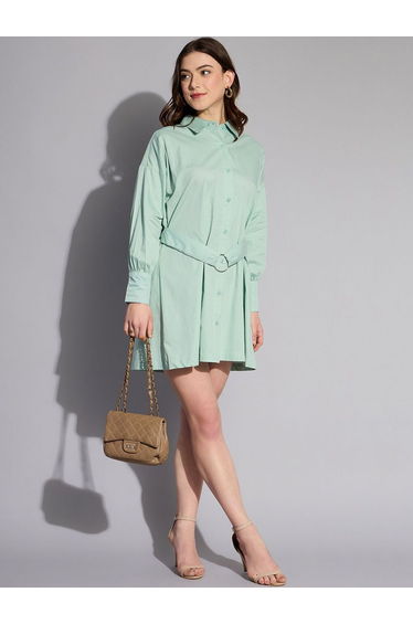 Women Green Belted Shirt Mini Dress