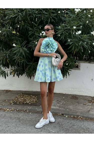 Rosie Corsage Skater Mini-Dress -Mint-Blue Floral