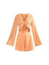 Orange Chiffon Frill Tie Bust Detail Cut Out Playsuit - 4