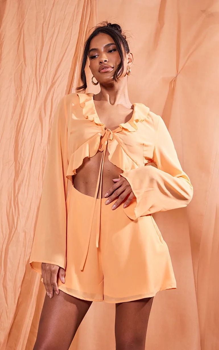 Orange Chiffon Frill Tie Bust Detail Cut Out Playsuit