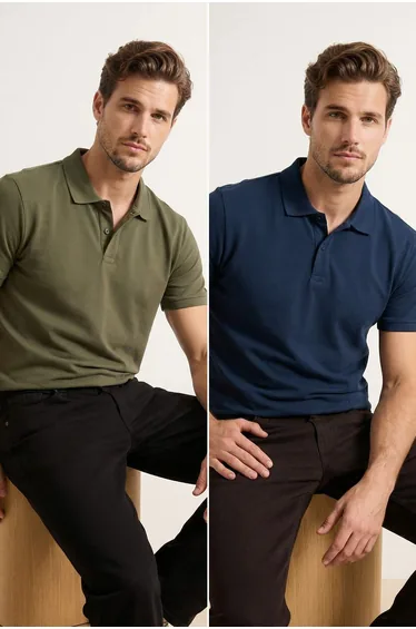 Navy Blue-Khaki Regular Fit 2-Pack Polo Neck T-Shirt