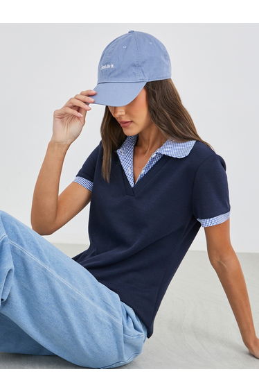 Gingham Print Collar Knitted Short Sleeve Top