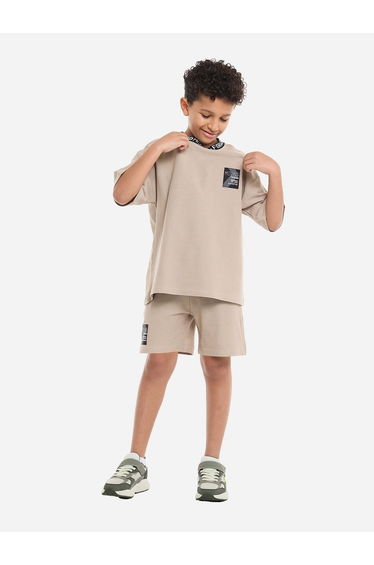 Boys Beige Printed Neckline T-Shirt and Shorts Set