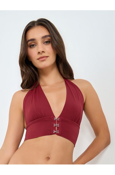 Solid Hanging Neck Metal Buckle Front Detail Non Wired Bra