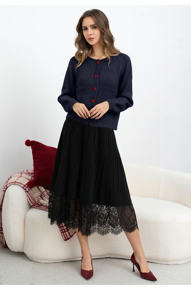 Textured Panel Heart-Button Knit Cardigan in Navy