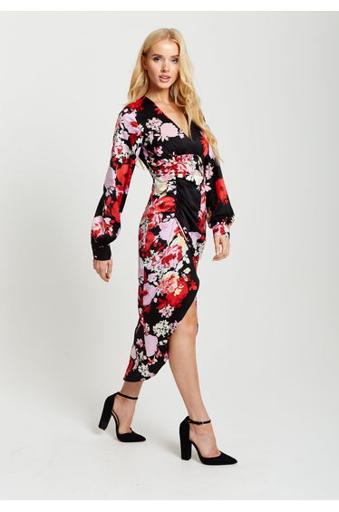 Women's Midi Dress in Red and Pink with Long Balloon Sleeves . product thumbnail 3