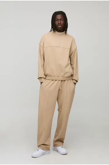 Oversized Boxy Loopback MAN Script Funnel Neck Sweatshirt Tracksuit - taupe
