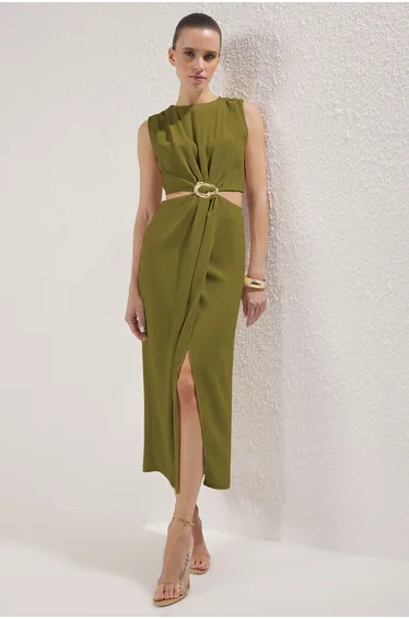 Oil Green Plain A-Line Cut-out Midi Woven Dress