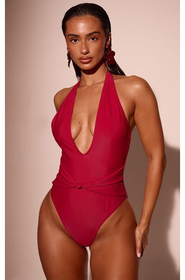 Burgundy Plunge Knot Front Swimsuit