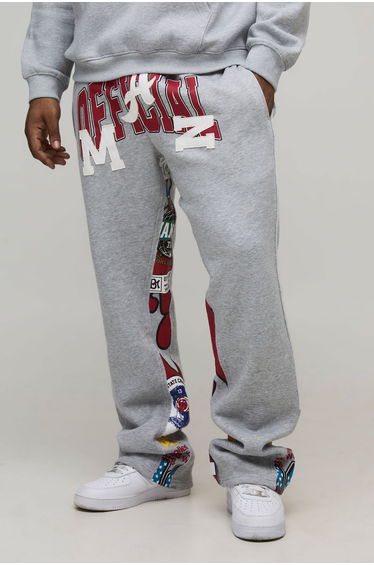Plus Slim Gusset Flared Stacked Varsity Applique Print Jogger - grey marl