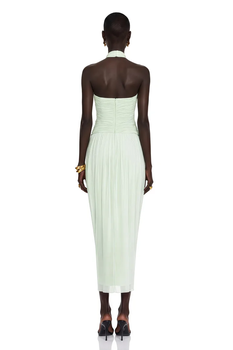 Lenora Mint Green Halterneck Ruched Midi Dress - 2