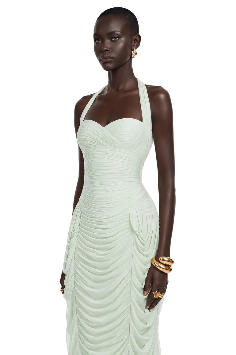 Lenora Mint Green Halterneck Ruched Midi Dress - 1