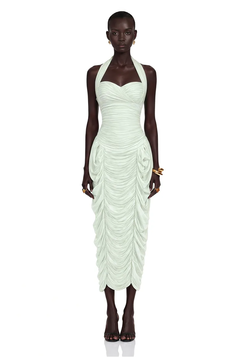 Lenora Mint Green Halterneck Ruched Midi Dress
