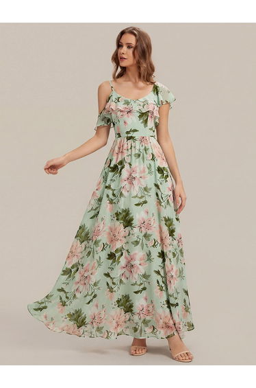 ever AIDA|Cold Shoulder Chiffon Ruffle Sleeve Bridesmaid Dress