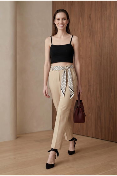 MY FASHION High-Waist Straight-Leg Crepe Trousers with Belt