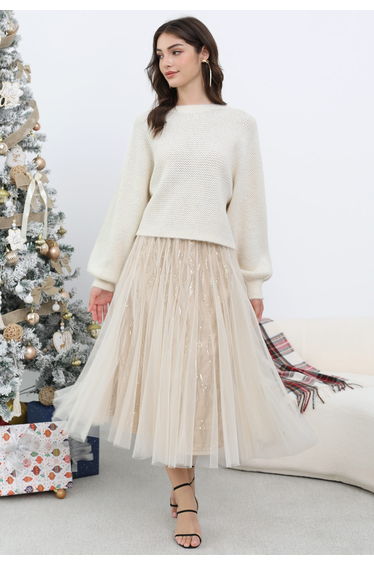 Back Bow Detail Puff Sleeve Waffle Knit Sweater in Ivory