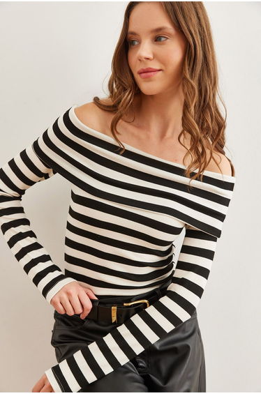 Women's Thick Striped Black Madonna Collar Soft Touch Flexible Top