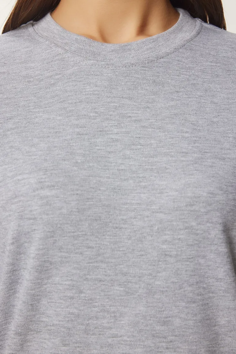 Women's Gray Melange Cotton Basic Knitted T-Shirt - 4