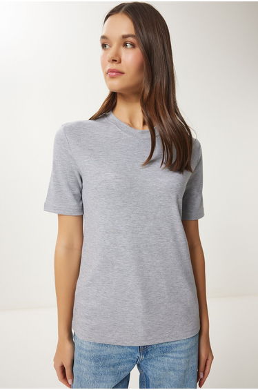 Women's Gray Melange Cotton Basic Knitted T-Shirt