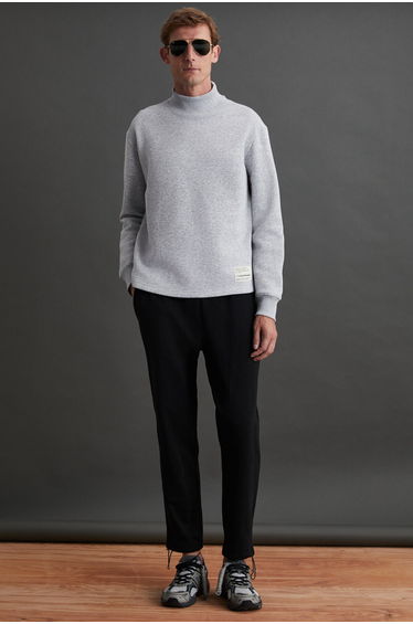 Wallace Men's 3 Thread Ribbed Decorative Label Detailed Stand Collar Grey Melange Sweatshirt
