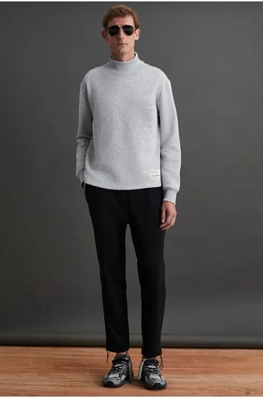 Wallace Men's 3 Thread Ribbed Decorative Label Detailed Stand Collar Grey Melange Sweatshirt