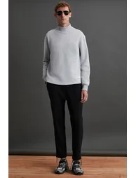Wallace Men's 3 Thread Ribbed Decorative Label Detailed Stand Collar Grey Melange Sweatshirt