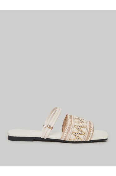 White Embroidered Slip-On Flat Sandals