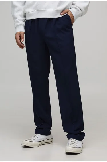 Straight Fit Smart Elasticated Pintuck Trousers - navy