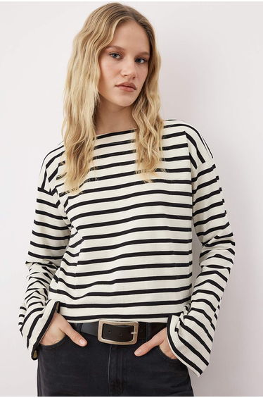 Ecru Thick Cotton Striped Regular/Normal Pattern Knitted T-Shirt