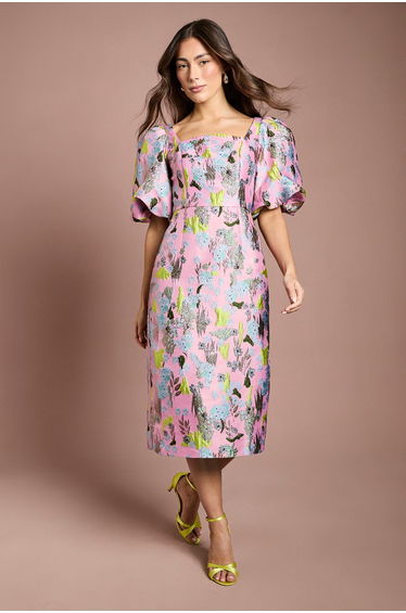 Jacquard Puff Sleeve Square Neck Pencil Dress