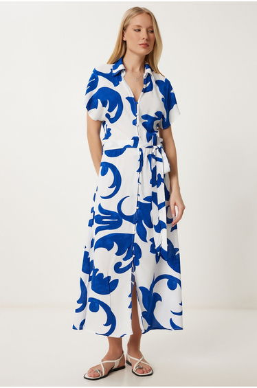 Women's Blue White Patterned Summer Viscose Shirt Dress
