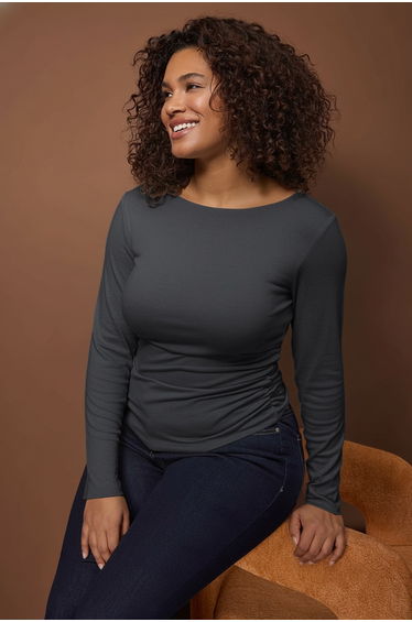 Anthracite plain fitted/body-fitting gathered detailed flexible knitted blouse