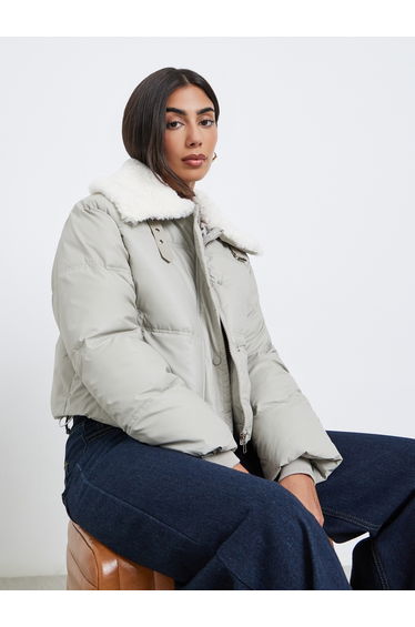 Grey Crop Padded Jacket with Fur Trim
